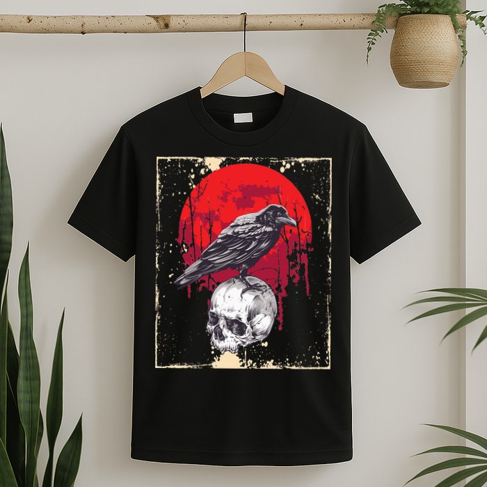 Gothic Raven Skull Red Moon Black Crow T-Shirt