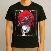 Gothic Raven Skull Red Moon Black Crow T-Shirt