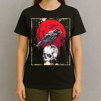 Gothic Raven Skull Red Moon Black Crow T-Shirt
