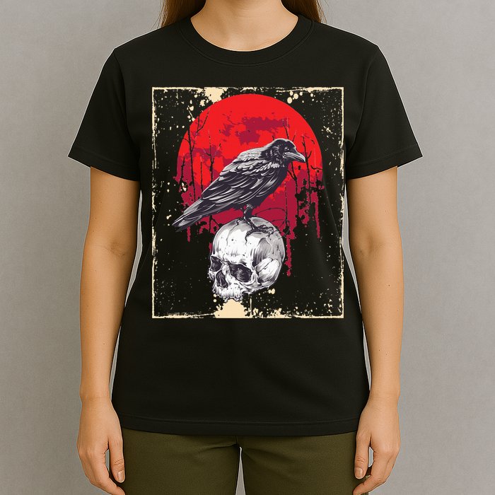 Gothic Raven Skull Red Moon Black Crow T-Shirt