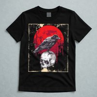 Gothic Raven Skull Red Moon Black Crow T-Shirt