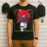 Gothic Raven Skull Red Moon Black Crow T-Shirt
