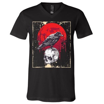 Gothic Raven Skull Red Moon Black Crow V-Neck T-Shirt