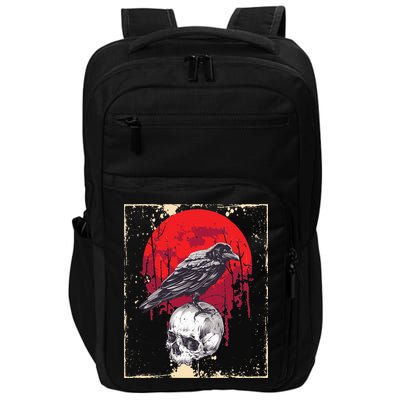 Gothic Raven Skull Red Moon Black Crow Impact Tech Backpack