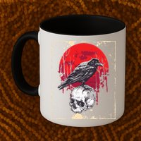 Gothic Raven Skull Red Moon Black Crow Mug