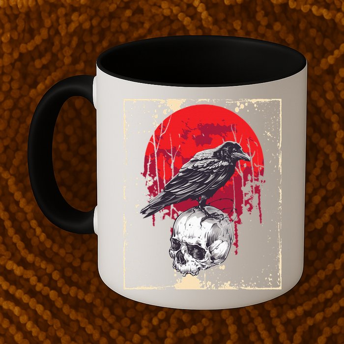 Gothic Raven Skull Red Moon Black Crow Mug