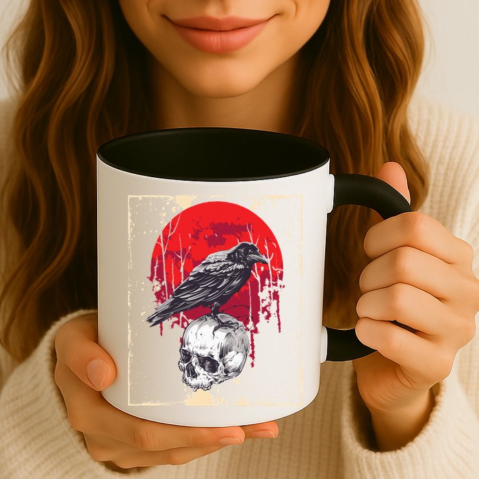 Gothic Raven Skull Red Moon Black Crow Mug
