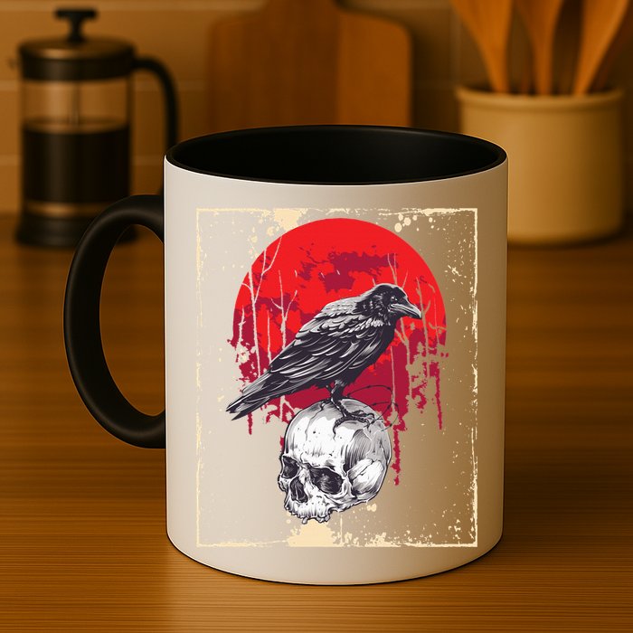 Gothic Raven Skull Red Moon Black Crow Mug
