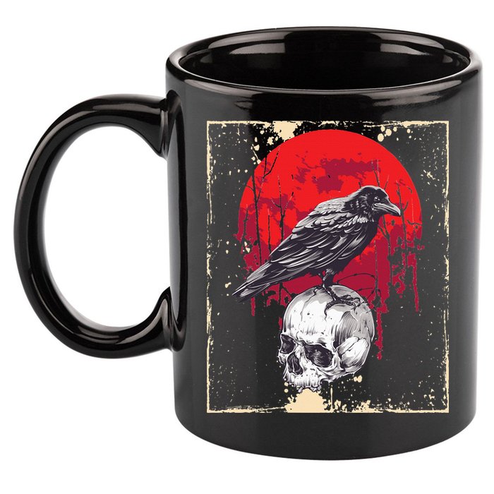 Gothic Raven Skull Red Moon Black Crow 11oz C Handle Ceramic Mug