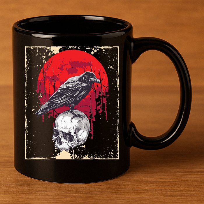 Gothic Raven Skull Red Moon Black Crow 11oz C Handle Ceramic Mug