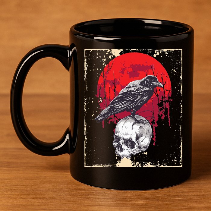 Gothic Raven Skull Red Moon Black Crow 11oz C Handle Ceramic Mug