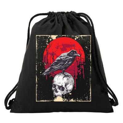 Gothic Raven Skull Red Moon Black Crow Drawstring Bag