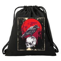 Gothic Raven Skull Red Moon Black Crow Drawstring Bag