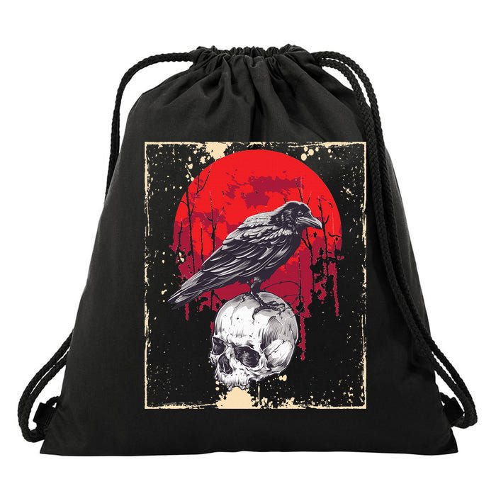 Gothic Raven Skull Red Moon Black Crow Drawstring Bag