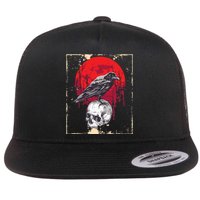 Gothic Raven Skull Red Moon Black Crow Flat Bill Trucker Hat