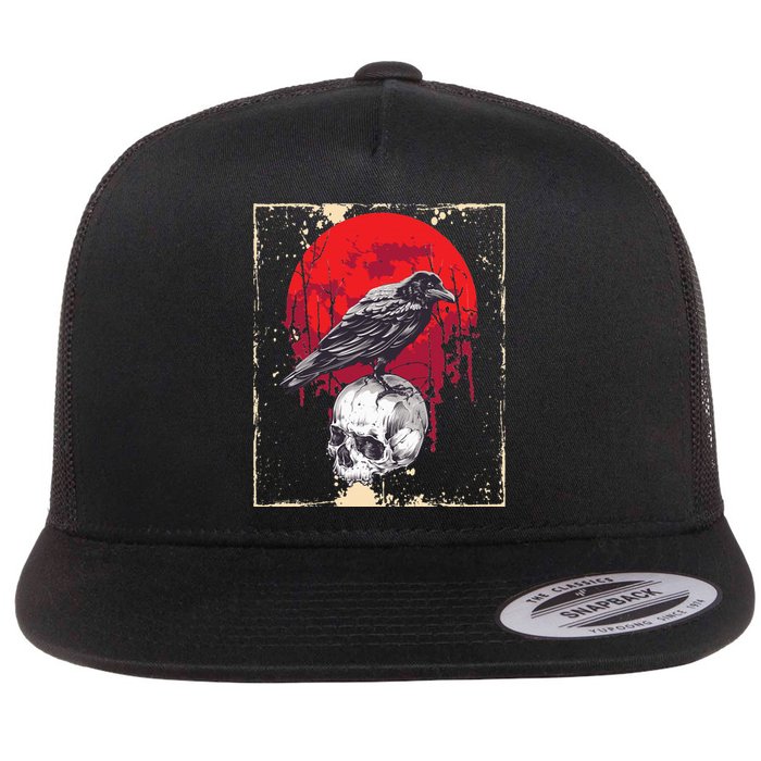 Gothic Raven Skull Red Moon Black Crow Flat Bill Trucker Hat