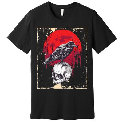 Gothic Raven Skull Red Moon Black Crow Premium T-Shirt