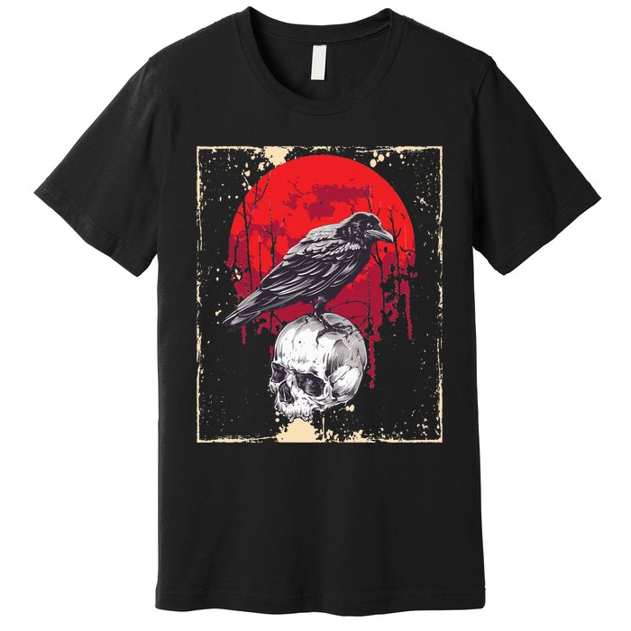 Gothic Raven Skull Red Moon Black Crow Premium T-Shirt