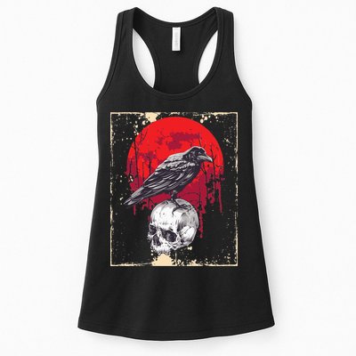 Gothic Raven Skull Red Moon Black Crow Womens Tank Top