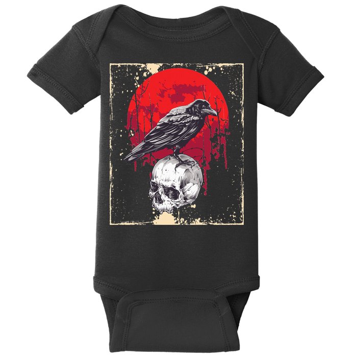 Gothic Raven Skull Red Moon Black Crow Baby Bodysuit