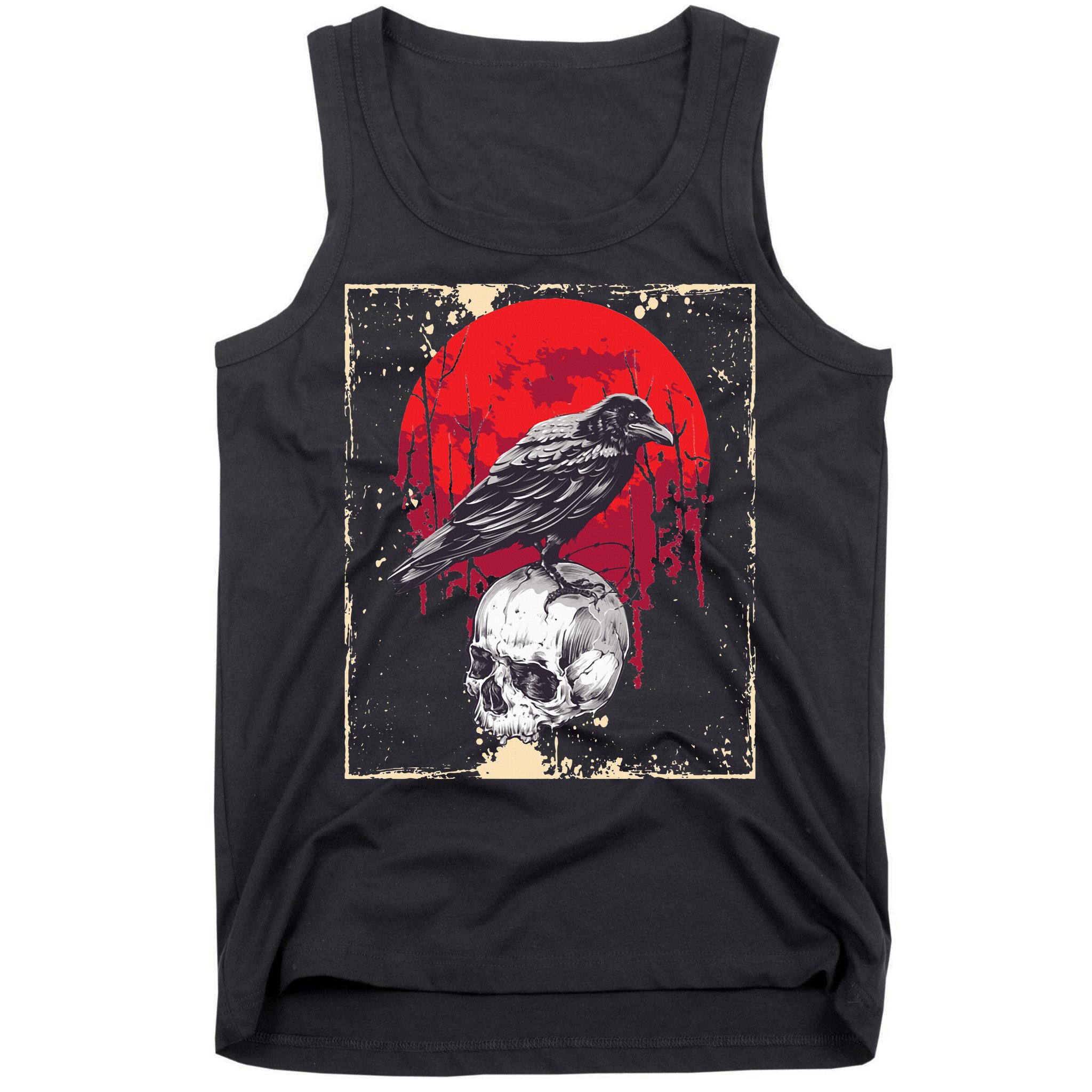 Gothic Raven Skull Red Moon Black Crow Tank Top