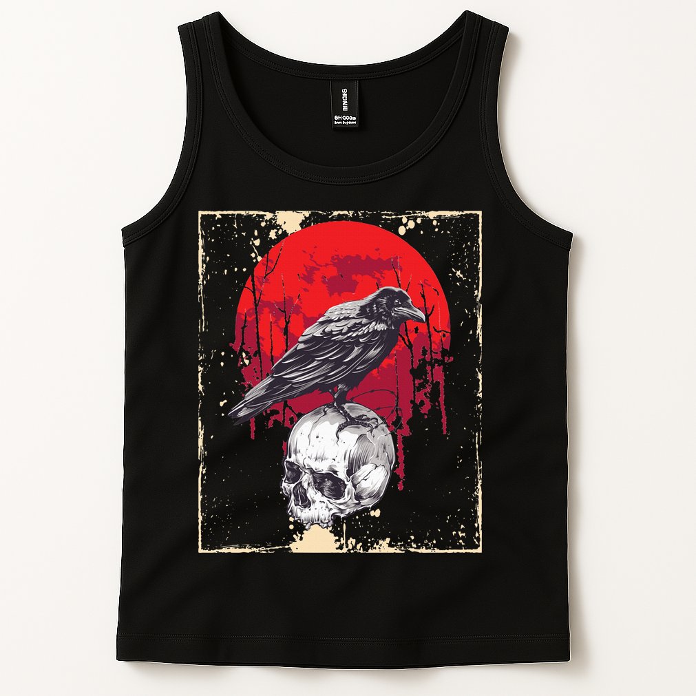 Gothic Raven Skull Red Moon Black Crow Tank Top
