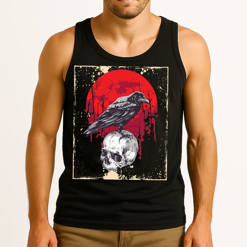 Gothic Raven Skull Red Moon Black Crow Tank Top
