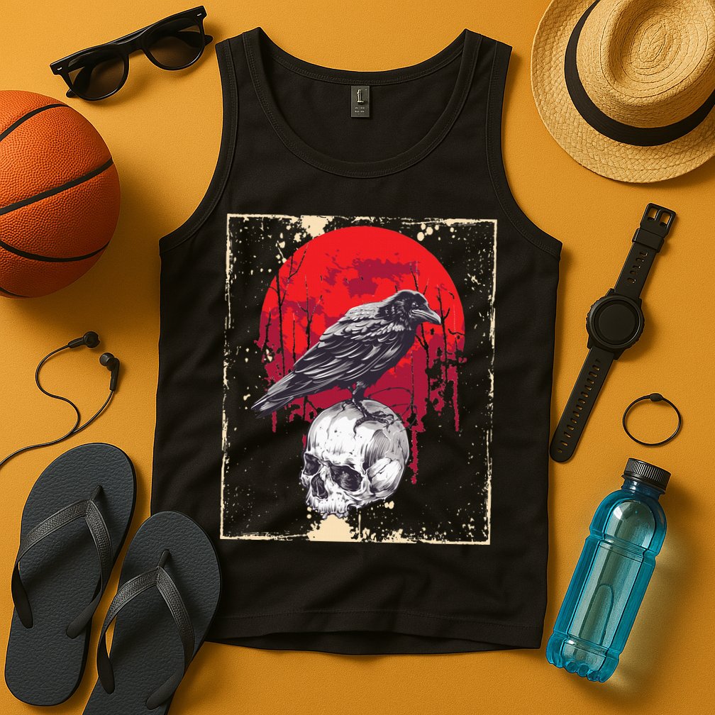 Gothic Raven Skull Red Moon Black Crow Tank Top