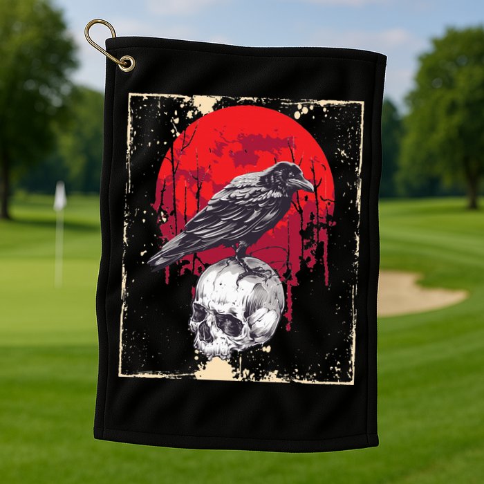 Gothic Raven Skull Red Moon Black Crow Golf Towel