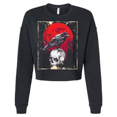 Gothic Raven Skull Red Moon Black Crow Cropped Pullover Crew