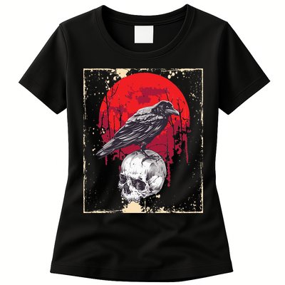 Gothic Raven Skull Red Moon Black Crow Womens T-Shirt