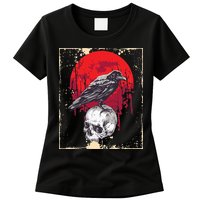 Gothic Raven Skull Red Moon Black Crow Womens T-Shirt