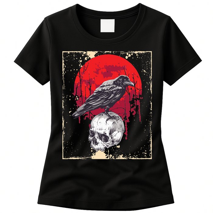 Gothic Raven Skull Red Moon Black Crow Womens T-Shirt