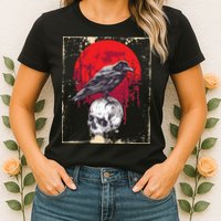 Gothic Raven Skull Red Moon Black Crow Womens T-Shirt