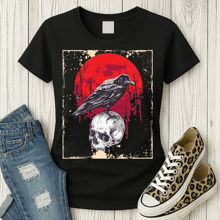 Gothic Raven Skull Red Moon Black Crow Womens T-Shirt