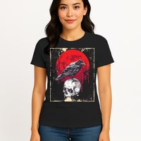 Gothic Raven Skull Red Moon Black Crow Womens T-Shirt