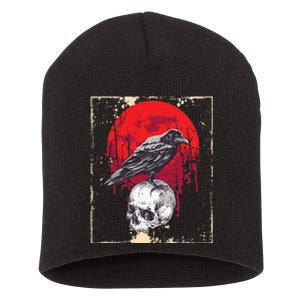 Gothic Raven Skull Red Moon Black Crow Short Acrylic Beanie