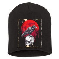 Gothic Raven Skull Red Moon Black Crow Short Acrylic Beanie