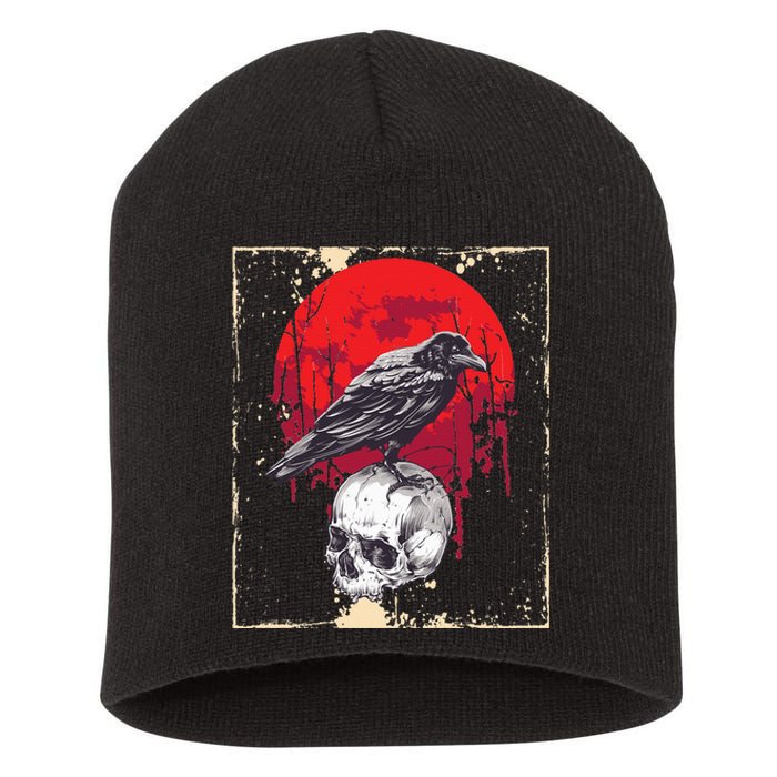 Gothic Raven Skull Red Moon Black Crow Short Acrylic Beanie