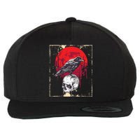 Gothic Raven Skull Red Moon Black Crow Wool Snapback Cap