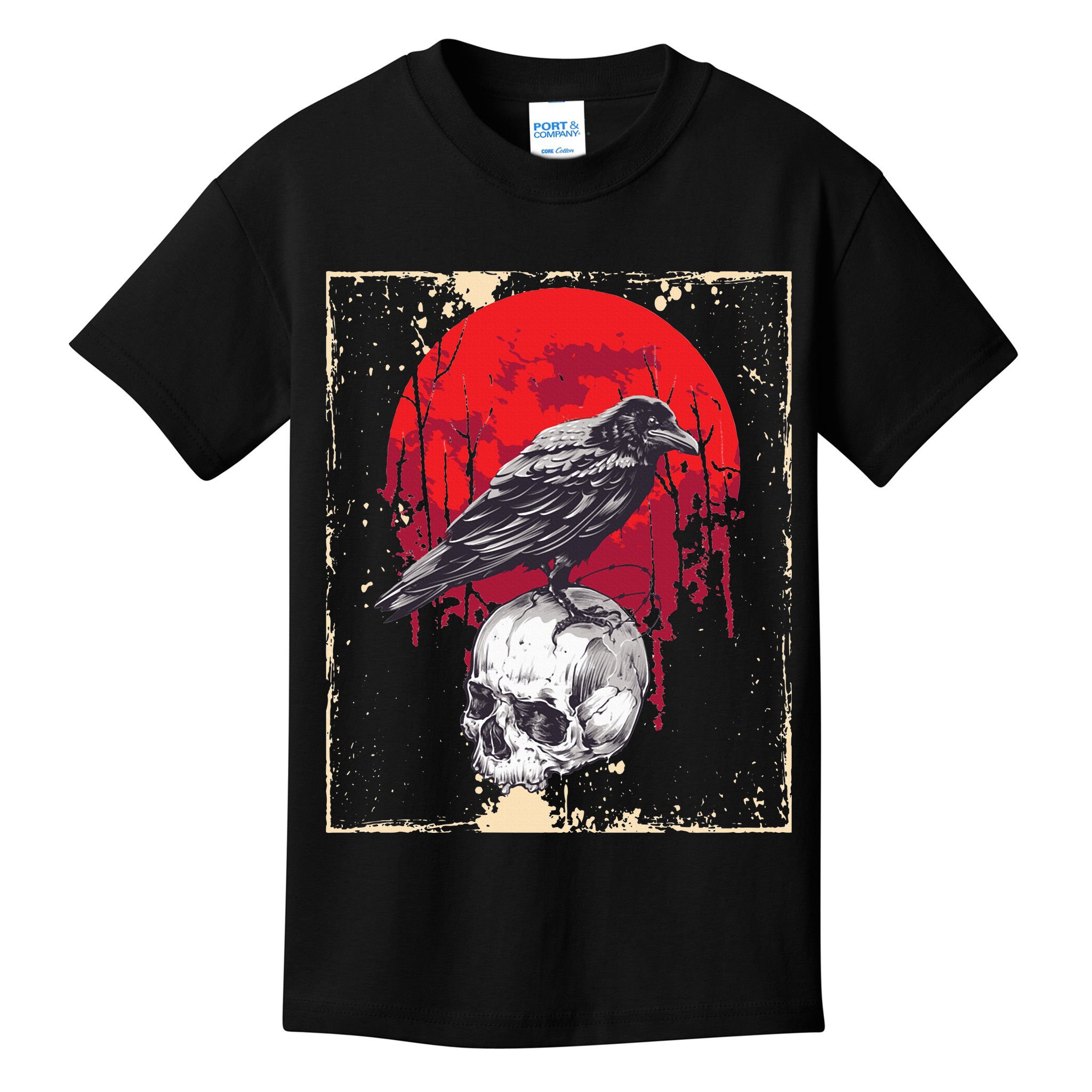 Gothic Raven Skull Red Moon Black Crow Kids T-Shirt
