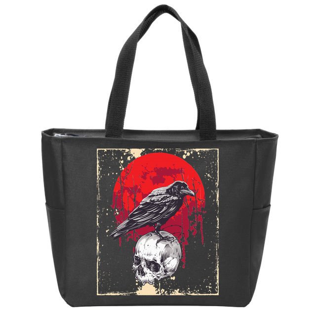 Gothic Raven Skull Red Moon Black Crow Zip Tote Bag