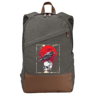 Gothic Raven Skull Red Moon Black Crow Cotton Canvas Backpack