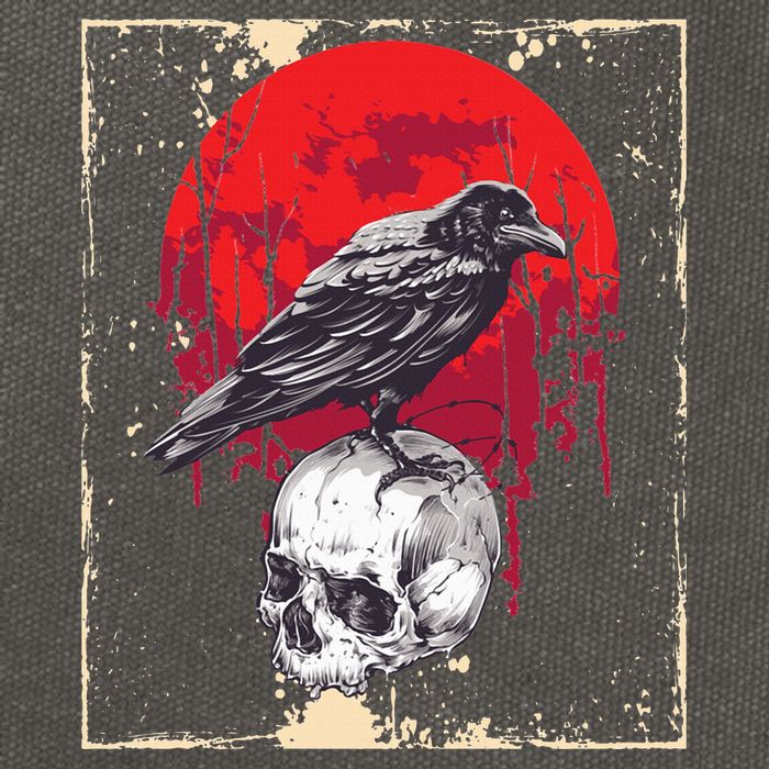Gothic Raven Skull Red Moon Black Crow Cotton Canvas Backpack