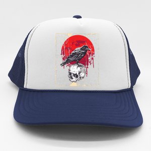 Gothic Raven Skull Red Moon Black Crow Trucker Hat