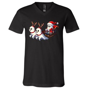 Ghost Reindeer Santa Sleigh Funny Halloween Christmas Mashup V-Neck T-Shirt