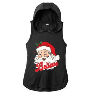 Groovy Retro Santa Claus Believe Christmas Ladies PosiCharge Tri-Blend Wicking Draft Hoodie Tank