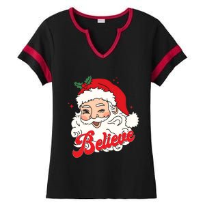 Groovy Retro Santa Claus Believe Christmas Ladies Halftime Notch Neck Tee