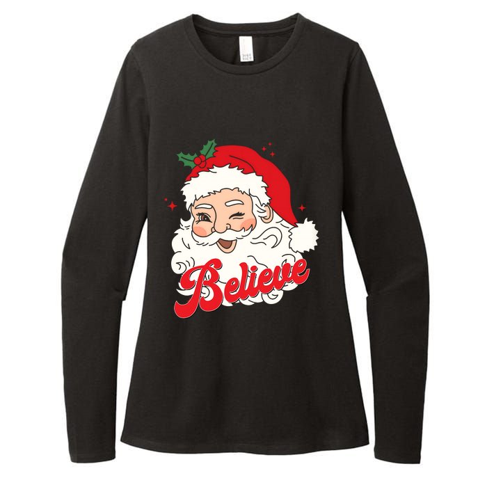 Groovy Retro Santa Claus Believe Christmas Womens CVC Long Sleeve Shirt