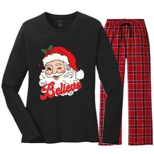 Groovy Retro Santa Claus Believe Christmas Women's Long Sleeve Flannel Pajama Set 